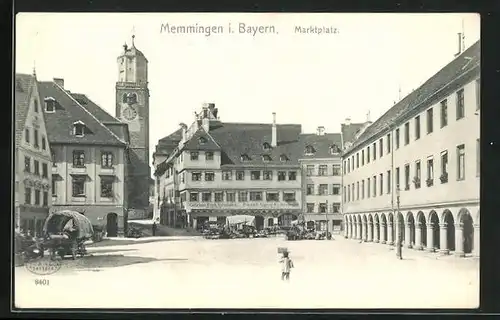 AK Memmingen in Bayern, Marktplatz mit Gebrüder Friess Seifenfabrik