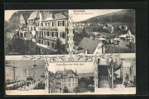 AK Herrenalb, Blick von der Villa Kull, Innenansicht vom Speisesaal der Villa, Dependance der Villa Kull