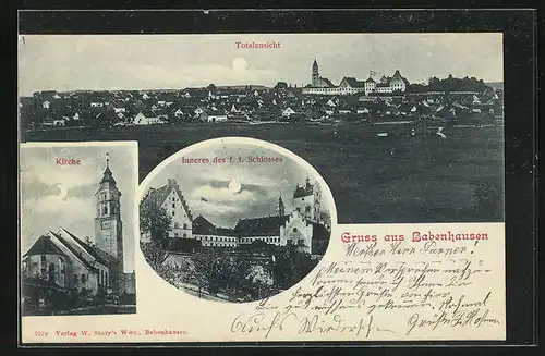 Mondschein-AK Babenhausen, Totalansicht mit Schloss und Kirche