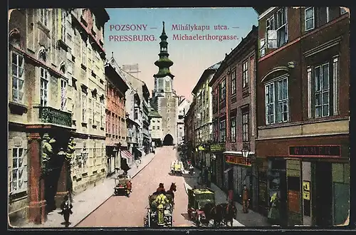 AK Pressburg, Michaelerthorgasse mit Fuhrwerken