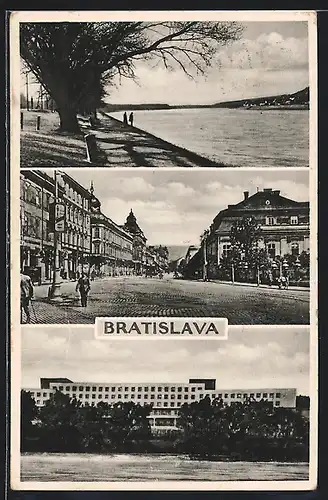 AK Bratislava, Partie am Wasser, Strassenpartie, Modernes Gebäude