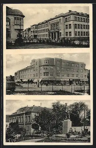 AK Trnava, Strassenpartie mit modernem Geschäftshaus, Kriegerdenkmal