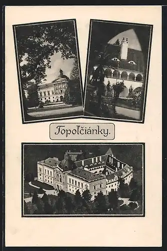 Passepartout-AK Topolciánky, Schloss in drei Ansichten