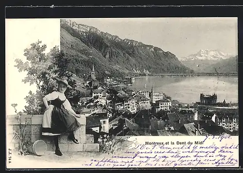 AK Montreux, Vue general et la Dent du Midi, Panorama, Frau in Tracht