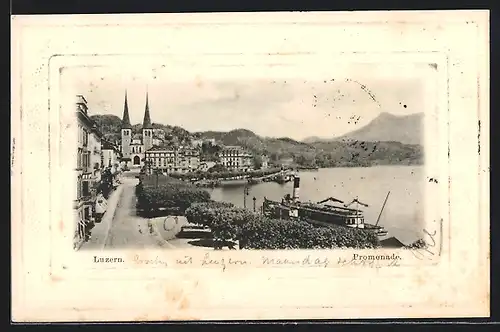AK Luzern, Promenade, Dampfer am Anleger, Blick zur Kirche