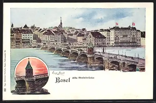 AK Basel, Blick auf alte Rheinbrücke