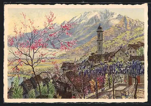 Künstler-AK Brione, in Primavera, Teilansicht mit blühenden Bäumen