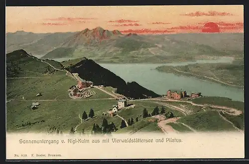 AK Rigi-Kulm, Blick auf den Vierwaldstättersee und Pilatus bei Sonnenuntergang