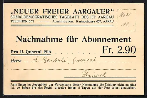AK Aarau, Neuer freier Aargauer, Sozialdemokratisches Tagblatt des Kt. Aargau, Kasinostr. 657