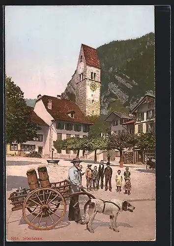 AK Interlaken, Mann mit Hundegespann auf dem Marktplatz