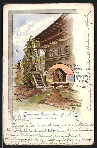 Lithographie Höfen bei Thun, Hohenlinden-Rieden, Alter Brunnen, Plauderecke