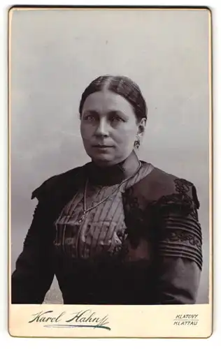 Fotografie Karel Hahn, Klattau, Portrait Frau Sukova im dunklen Kleid, 1898