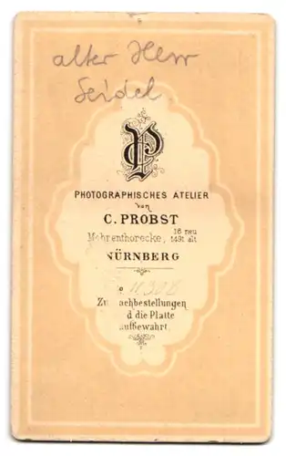 Fotografie C. Probst, Nürnberg, Portrait Herr Seidel im Anzug mit Schifferkrause