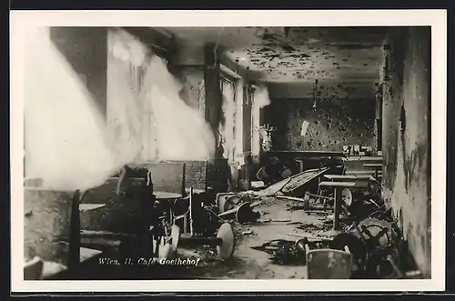 AK Wien, zerstörtes Café Goethehof, Innenansicht