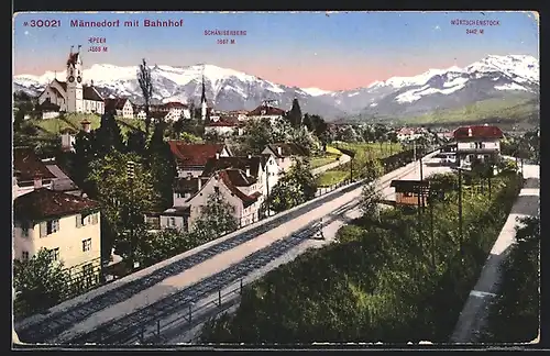 AK Männedorf, Teilansicht mit Bahnhof, Speer, Schäniserberg und Mürtschenstock