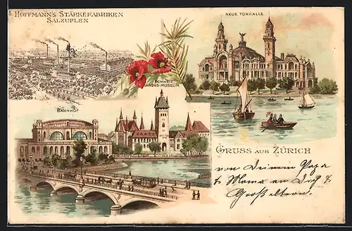 Lithographie Zürich, Bahnhof, neue Tonhalle, Schweizerisches Landesmuseum, Reklame f. Hoffmanns Stärkefabriken Salzuflen