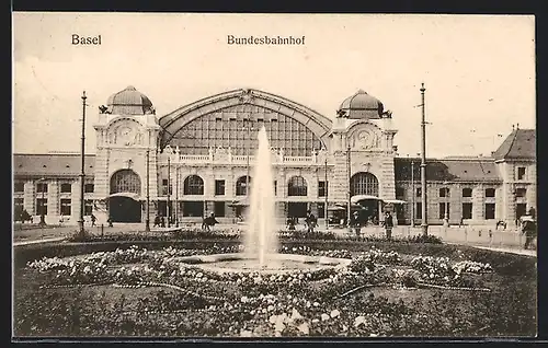 AK Basel, Bundesbahnhof mit Fontaine