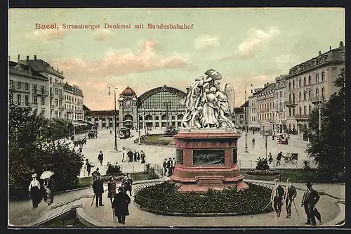 AK Basel, Strassburger Denkmal mit Bundesbahnhof