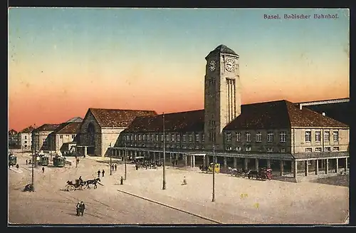 AK Basel, Badischer Bahnhof mit Strassenbahn