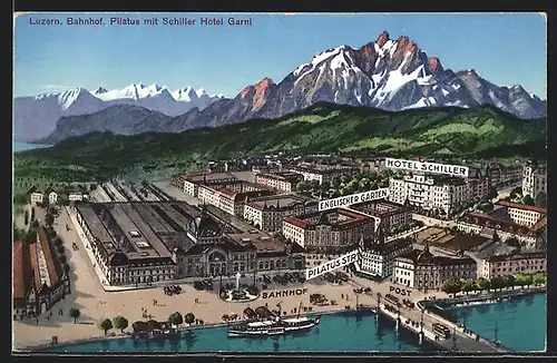 AK Luzern, Blick auf den Ort mit Bahnhof, Dampfschiff und Strassenbahn, Pilatus mit Schiller Hotel Garni