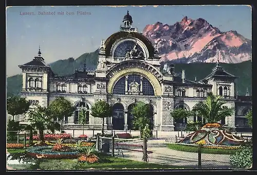 AK Luzern, Bahnhof mit dem Pilatus