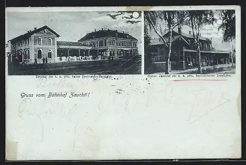 AK Zauchtl, Bahnhof der k. k. priv. Kaiser Ferdinands-Nordbahn, Bahnhof der k. k. priv. Neutitscheiner Localbahn
