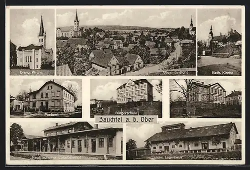 AK Zauchtel a. d. Oder, Landwirtschaftliches Lagerhaus, Neutitscheiner Lokalbahnhof, Bürgerschule