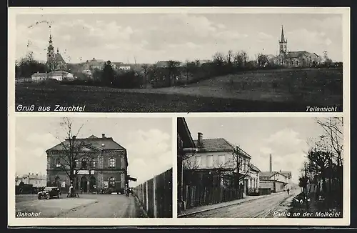 AK Zauchtel, Teilansicht, Partie an der Molkerei, Bahnhof