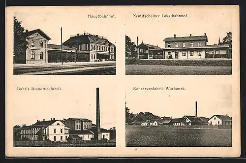 AK Zauchtel, Konservenfabrik Warhanek, Bahnhof, Bahr`s Blaudruckfabrik