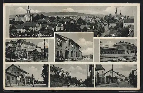 AK Zauchtel a. Oder, Hotel Santarius, Gesamtansicht, Hauptbahnhof, Bauernhof Nitschmann