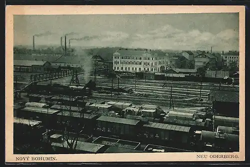 AK Neu Oderberg, Fabrik mit Güterzügen
