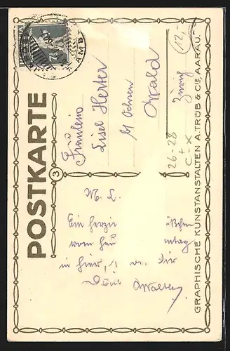 Steindruck-AK Alt-Aarau, Golattenmattgasse mit Kirchturm