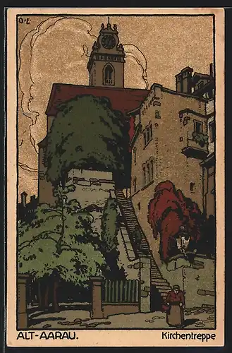 Steindruck-AK Alt-Aarau, Blick zur Kirchentreppe