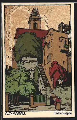 Steindruck-AK Alt-Aarau, Blick zur Kirchentreppe