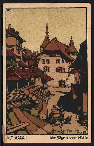 Steindruck-AK Aarau, Alte Säge und obere Mühle