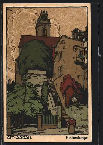 Steindruck-AK Alt-Aarau, Blick zur Kirchentreppe