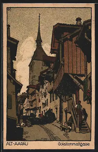 Steindruck-AK Alt-Aarau, Golattenmattgasse mit Kirchturm