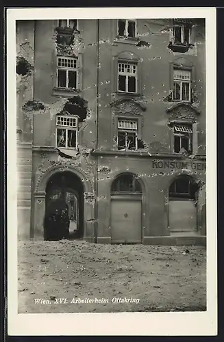 AK Wien, Februaraufstand 1934, Arbeiterheim Ottakring nach den Kämpfen