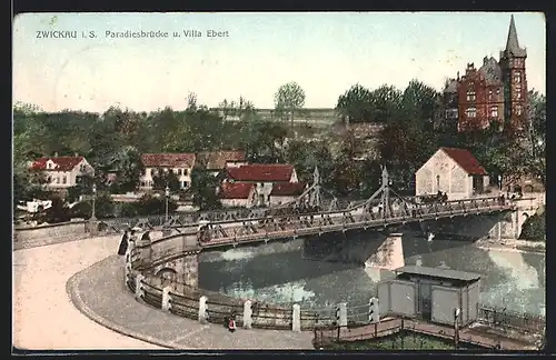 AK Zwickau, Paradiesbrücke und die Villa Ebert