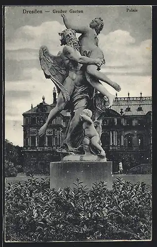 AK Dresden, Grosser Garten mit Palais und Standbild