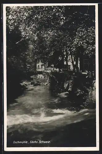 AK Lochmühle im Liebetaler Grunde /Sächs. Schweiz, Uferpartie mit Brücke