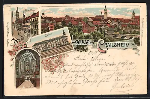 Lithographie Crailsheim, Lange Strasse, Johanneskirche, Bahnhof, Totalansicht