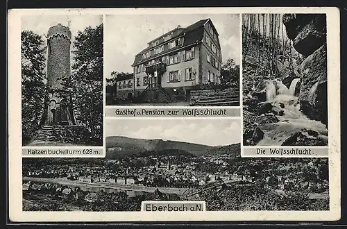 AK Eberbach a. N., Gasthof und Pension zur Wolfsschlucht, Katzenbuckelturm, Teilansicht