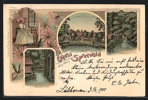 Lithographie Lehde, Gasthaus Zum fröhlichen Hecht, Spreewälderin am Spinnrad