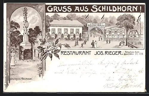 Lithographie Berlin-Schildhorn, J. Rieger`s Restaurant & Schildhorn-Denkmal mit Dame