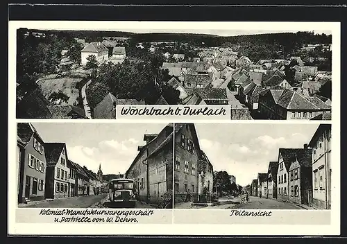 AK Wöschbach, Gesamtansicht aus der Vogelschau, Kolonial-Manufakturwarengeschäft & Poststelle, Teilansicht