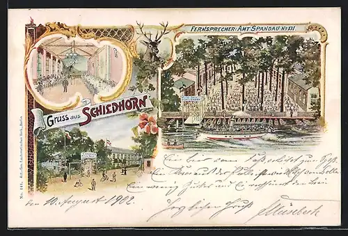 Lithographie Berlin-Grunewald, Wirtshaus Schildhorn mit Dampfer