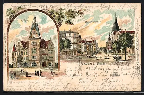 Lithographie Dresden-Plauen, Blick in die Chemnitzerstrasse, Blick auf das Rathaus