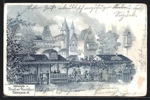 Lithographie Dresden, Gasthaus & Imbisshalle Hirsch am Rauchhaus, Scheffelstrasse Ecke Webergasse