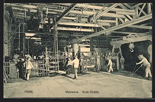 AK Peine, Walzwerk, Grob-Strasse mit Arbeitern, Bergbau